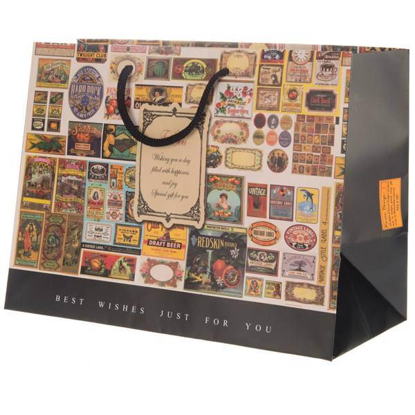 پاکت هدیه افقی جیحون مدل For You طرح تمبرهای قدیمی سایز بزرگ، Jeihoon For You Old Stamps Design Horizontal Gift Bag Large Size