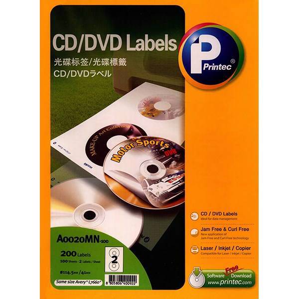 برچسب سی دی پرینتک کد A0020MN - بسته 100 عددی، Printec CD-DVD Labels Code A0020MN - Pack of 100