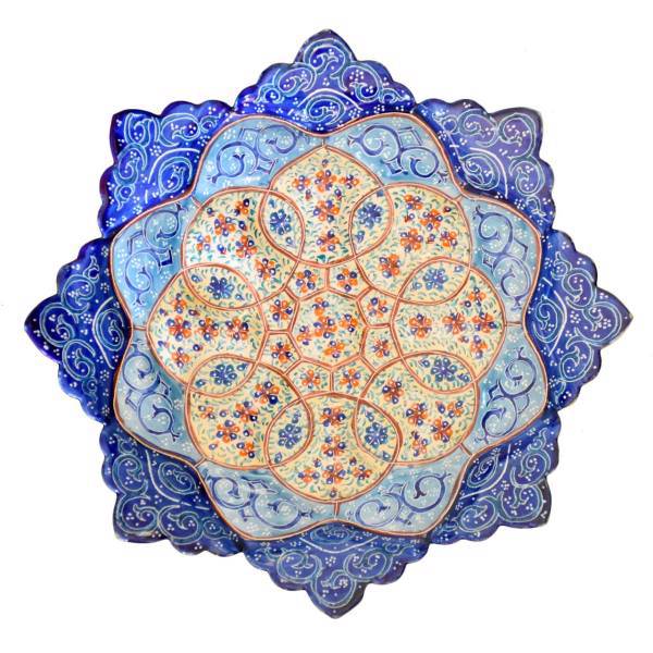 بشقاب مسی میناکاری شده سی دا طرح اسلیمی خطائی کد MI01073 قطر 16 سانتی متر