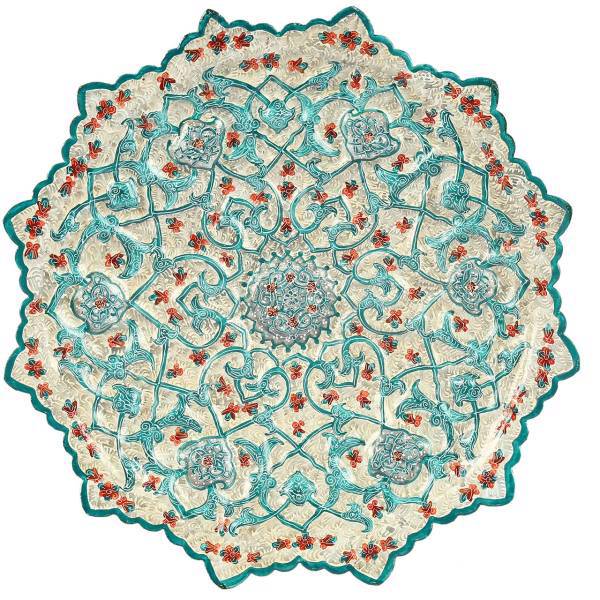 بشقاب مسی میناکاری گالری گوهران مدل اسلیمی برجسته سبز طوسی1134