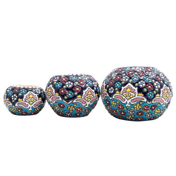 شمعدان سفالی میناکاری آرت گالری مدل توپی کد A3037 مجموعه سه عددی