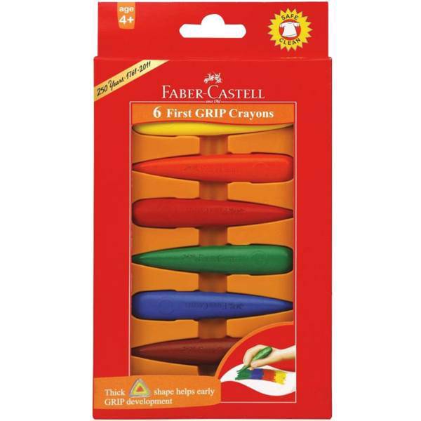 مداد شمعی فابر کاستل مدل فرست گریپ - بسته 6 رنگ، Faber-Castell First Grip Crayons - Pack of 6