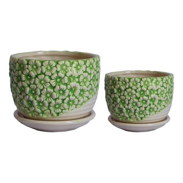 گلدان سرامیکی گلباران سبز طرح بنفشه برجسته مدل 12-DB مجموعه دو عددی، Golbaranesabz DB-12 Outstanding Violets Ceramic Flower Pot Pack Of 2