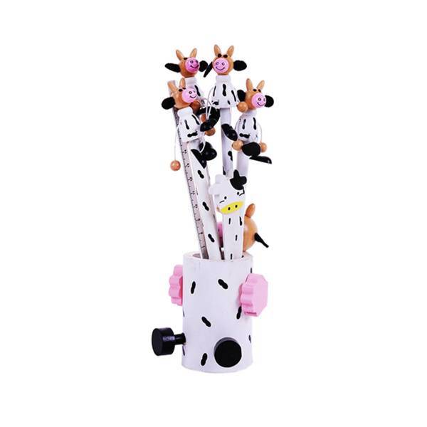 جامدادی خانواده باهوش من مدل طرح گاو با ابزار، My Smart Family Wooden Cow Pencil Case With Accessories