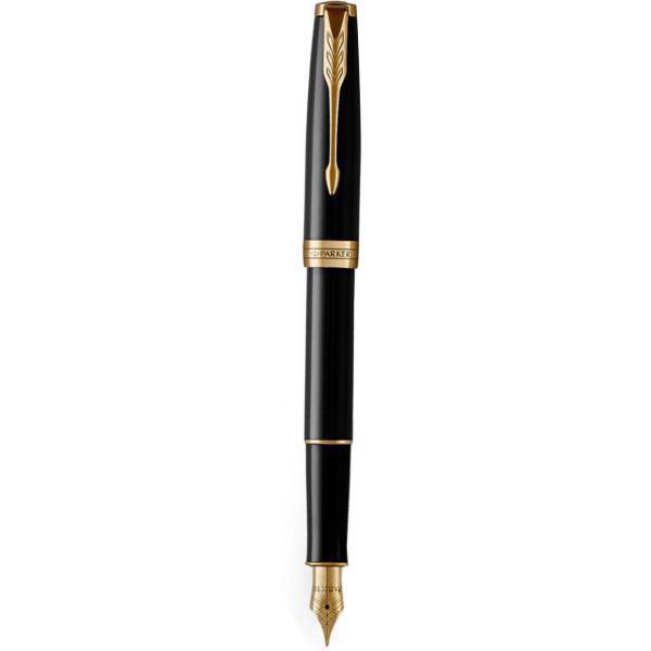 خودنویس پارکر سری Sonnet مدل Deep Black Lacquer قطر نوشتار M با گیره طلایی، Parker Deep Black Lacquer Sonnet Series M Nib Fountain Pen with Golden Clip