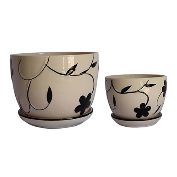 گلدان سرامیکی گلباران سبز طرح گل مینا برجسته مدل SMB-12 مجموعه 2 عددی، Golbaranesabz SMB-12 Outstanding Mina Ceramic Flower Pot Pack Of 2