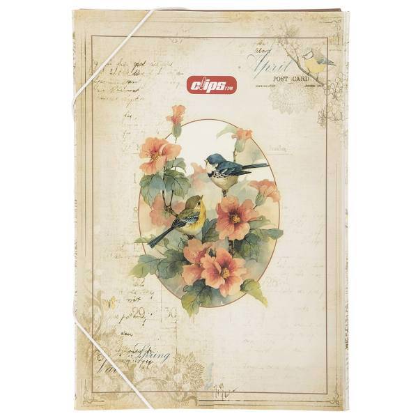 کلاسور کش دار کلیپس طرح گل و مرغ سایز A4، Clips Flower and Bird Folder Size A4