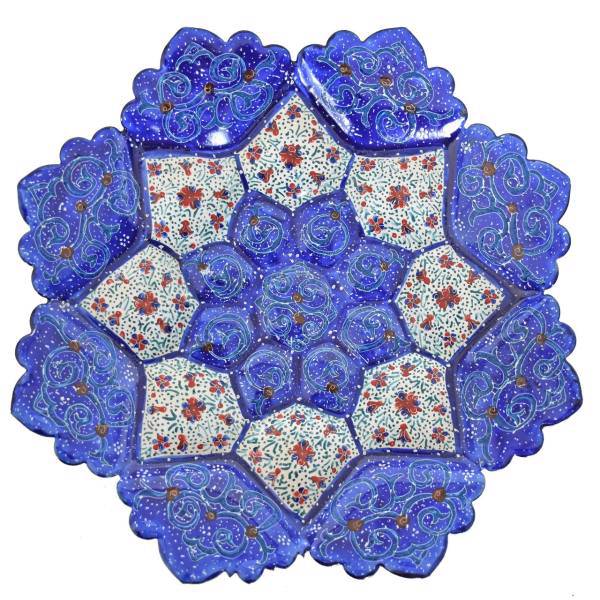 بشقاب مسی میناکاری شده سی دا طرح اسلیمی خطائی کد 01043 قطر 16سانتی متر